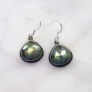 Labradorite Earrings - World Market Blue Green Silver Crystal Rose Cut Teardrops